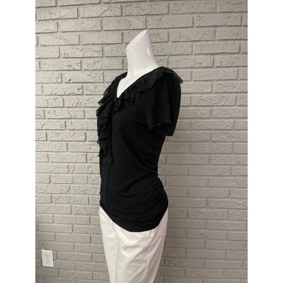 Lauren Ralph Lauren Black Ruffle V Neckline Short Sleeve Top Size M - Picture 6 of 9